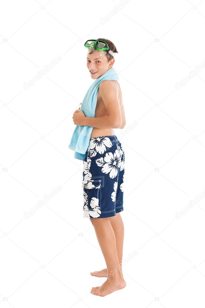 Teenager Shorts On River Bank Squints : stockfoto (nu 