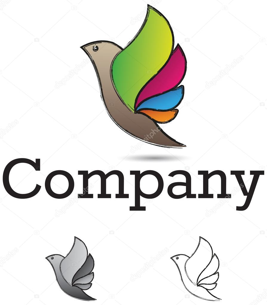 Corporate identity design element, bird with colorful wings, monochrome versions included
