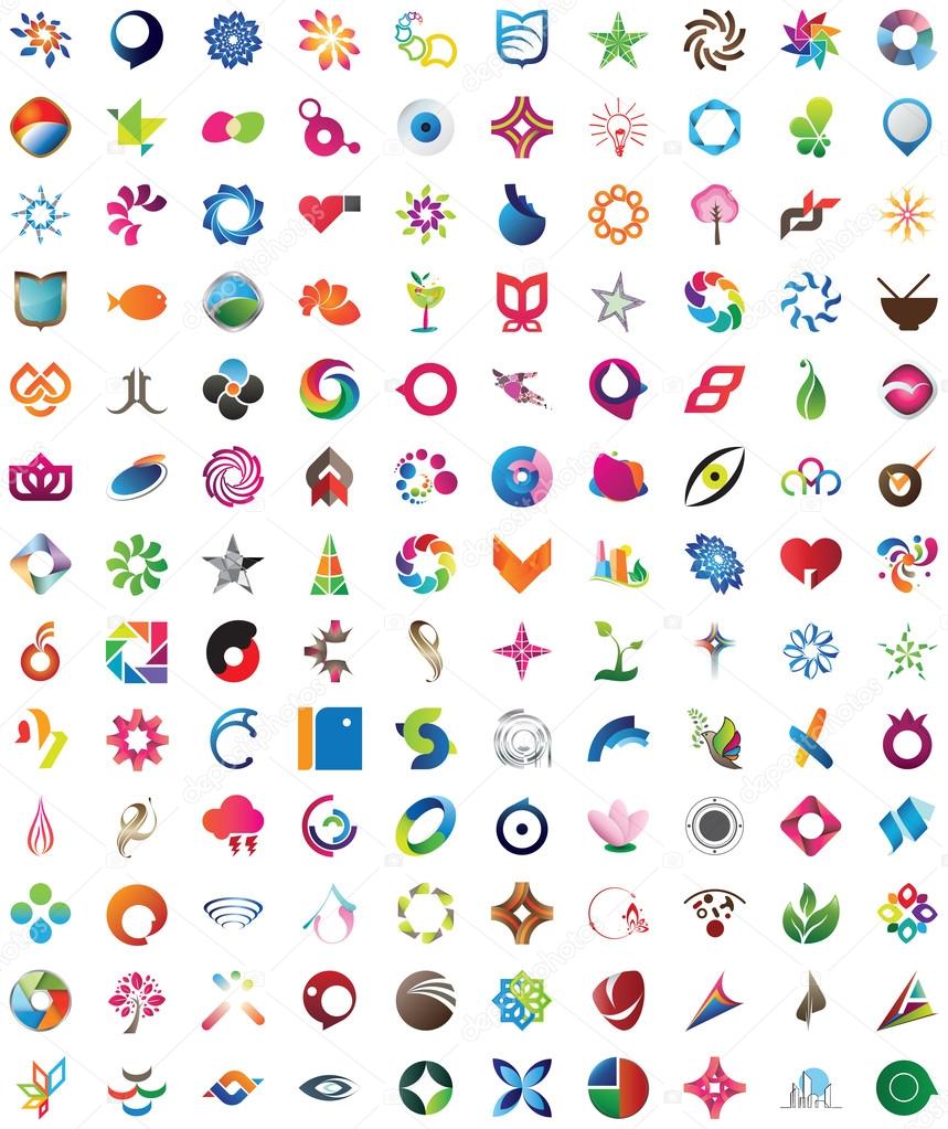 One hundred thirty pieces of trendy, colorful and unique design elements, emblems and icons
