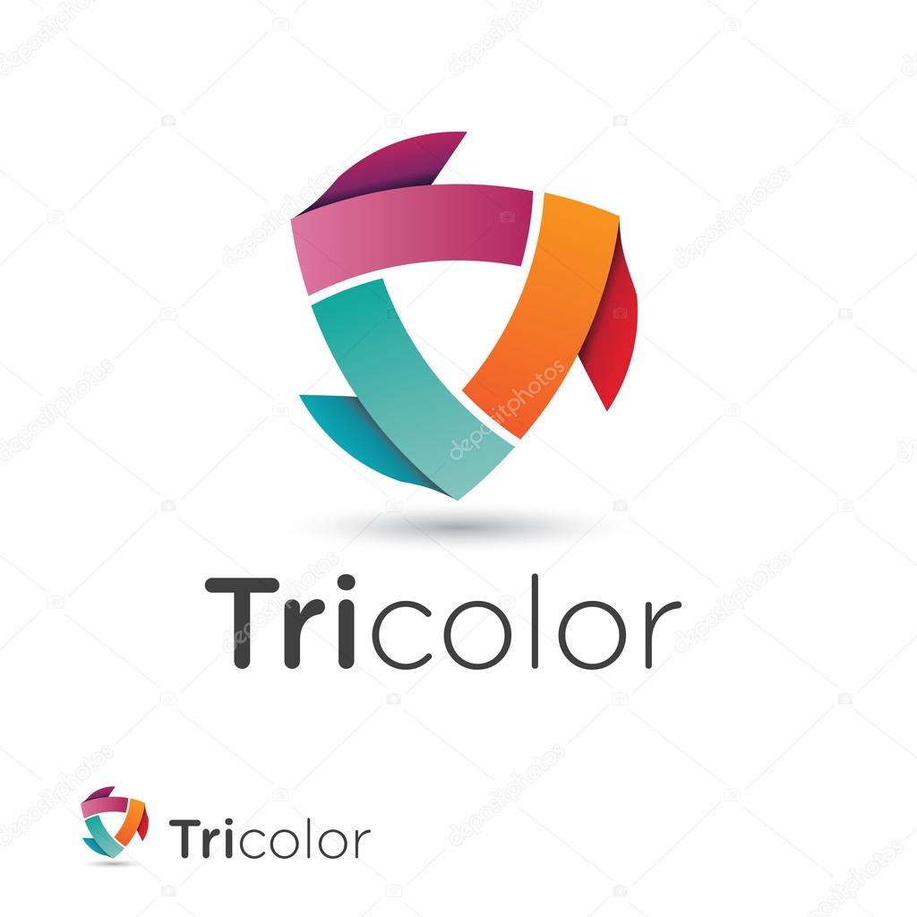 Abstract icon design with three colored ribbon shapes building a modern triangular circulation