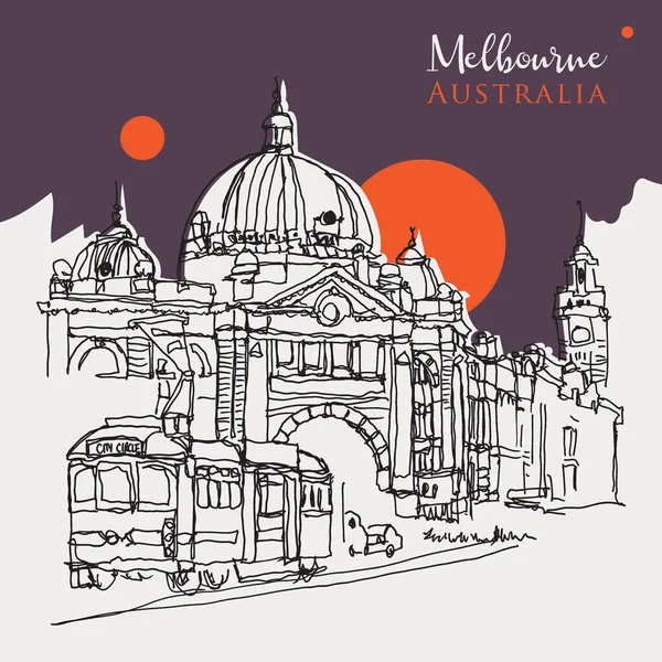 Vector Handgezeichnete Skizze Illustration Der Flinder Street Central Station Melbourne — Stockvektor