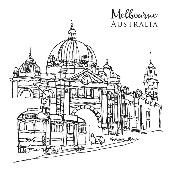 Vektor Kézzel Rajzolt Vázlat Illusztráció Flinder Street Central Station Melbourne — Stock Vector