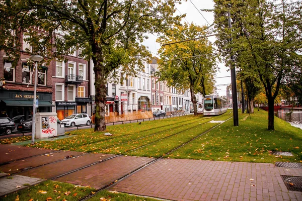 Rotterdam Netherlands October 2021 Modern Light Rail City Tram Passing — Stock Photo, Image