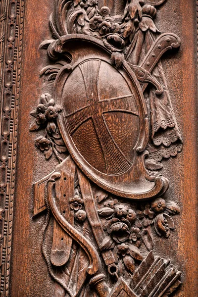 Detalle Puerta Madera Frauenkirche Con Ricos Ornamentos Talla Munich Alemania — Foto de Stock