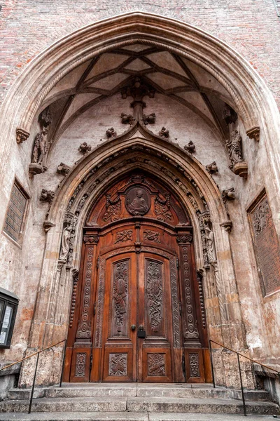 Munich Germany December 2021 Historical Wooden Gate Frauenkirche Rich Carving — стоковое фото