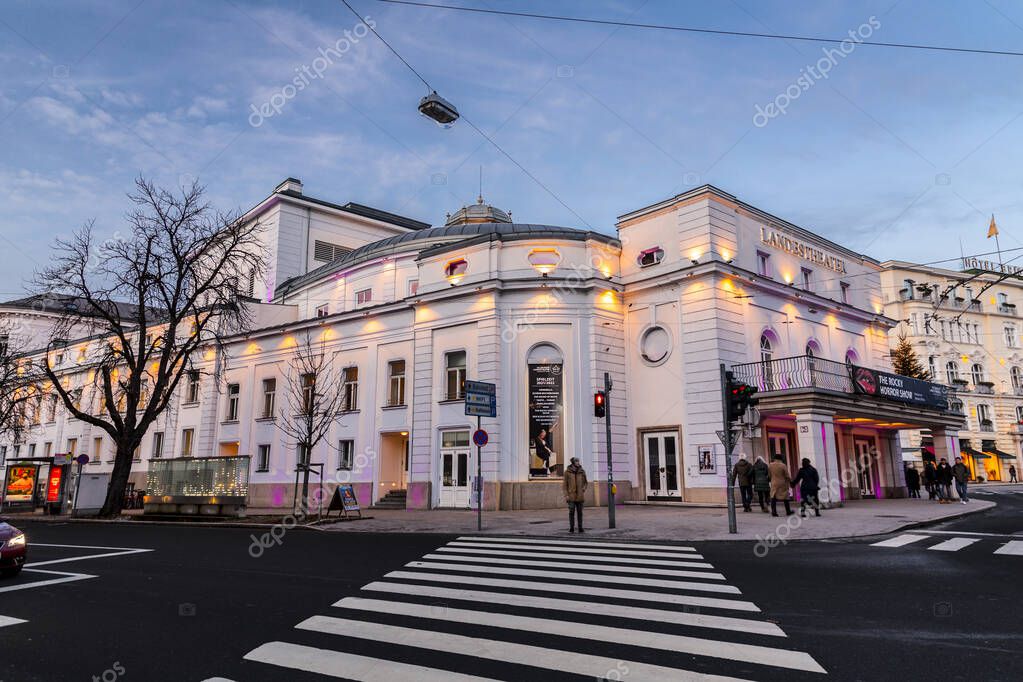 Salzburg, Austria - December 27, 2021: The Salzburg State Theatre (Salzburger Landestheater) in Salzburg, Austria, a venue for opera, theatre, and dance.