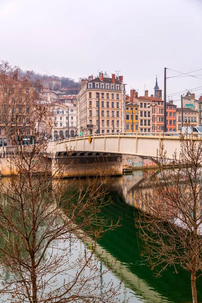 Lyon France January 2022 Winter Scene Buildings River Saone Lyon — Stock Photo, Image