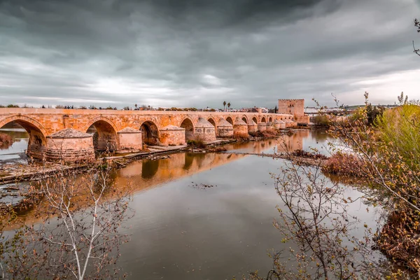 Ρωμαϊκή Γέφυρα Puente Romano Και Πύργος Calahorra Πάνω Από Τον — Φωτογραφία Αρχείου