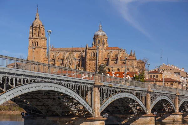 Vista Panorâmica Salamanca Com Catedral Outro Lado Rio Tormes Salamanca — Fotografia de Stock