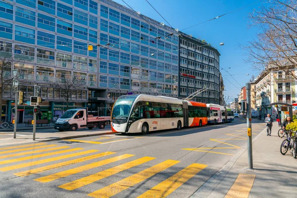 Geneva Switzerland Mar 2022 Public Trolley Bus Geneva Switzerland Run — стоковое фото