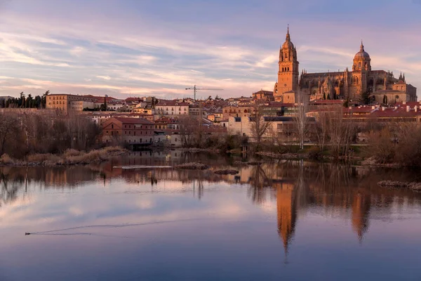 Salamanca Vista Panorámica Catedral Salamanca Reflexión Sobre Río Tormes España — Foto de Stock