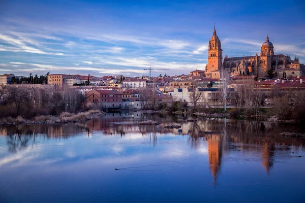 Widok Panoramę Salamanki Katedrą Salamanki Jej Refleksja Nad Rzeką Tormes — Zdjęcie stockowe