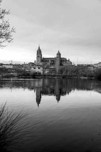 Salamanca Skyline Pohled Katedrálou Salamanca Její Odraz Řece Tormes Španělsko — Stock fotografie