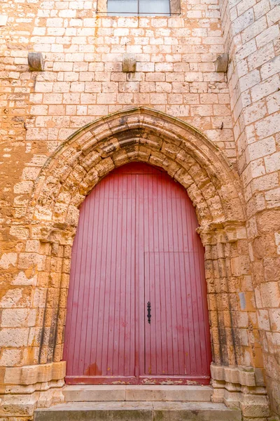 Szczegóły Tworzą Starożytne Drzwi Kościoła Różowymi Drewnianymi Deskami — Zdjęcie stockowe