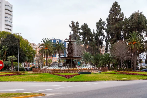 Malaga Spain Feb 2022 Roundabout Circular Fountain Statues Four Women — Stock Photo, Image