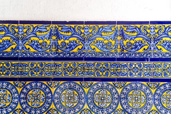 Fragment Andalusian Glazed Ceramic Tiled Wall Close Texture Background — Stok fotoğraf