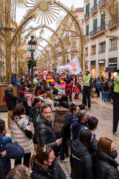 Malaga Spain Feb 2022 People Celebrating Malaga Carnival Costumes Confettis — Zdjęcie stockowe