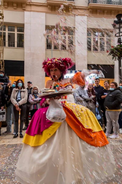 Malaga Spain Feb 2022 People Celebrating Malaga Carnival Costumes Confettis — ストック写真