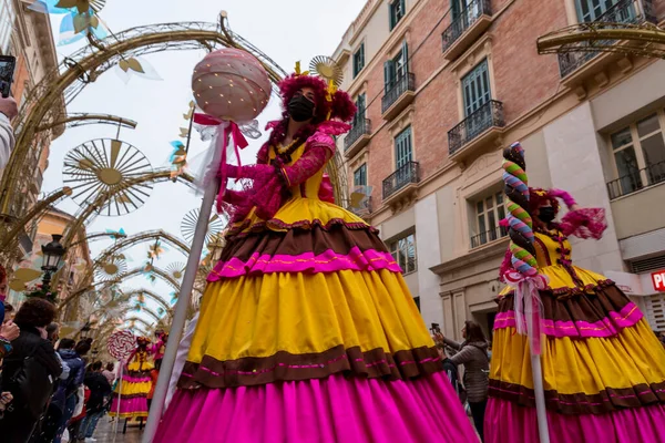 Malaga Spain Feb 2022 People Celebrating Malaga Carnival Costumes Confettis — 图库照片