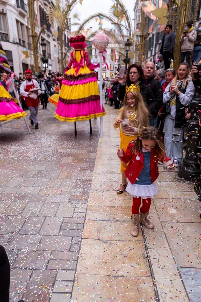Malaga Spain Feb 2022 People Celebrating Malaga Carnival Costumes Confettis — Stock Photo, Image