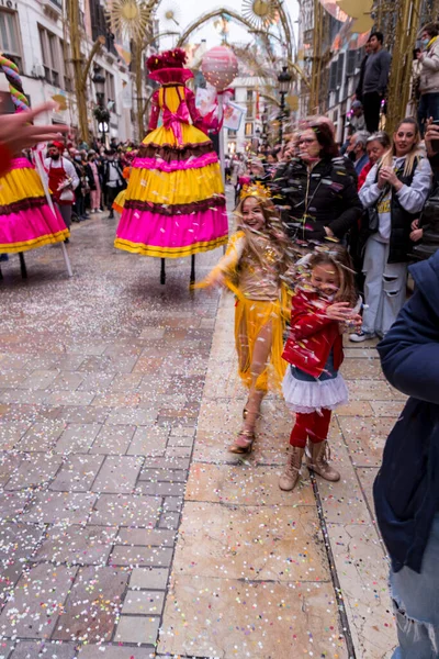 Malaga Spain Feb 2022 People Celebrating Malaga Carnival Costumes Confettis — стоковое фото