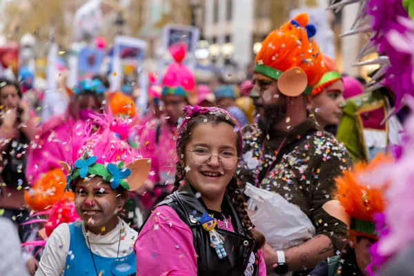 Malaga Spain Feb 2022 People Celebrating Malaga Carnival Costumes Confettis — ストック写真