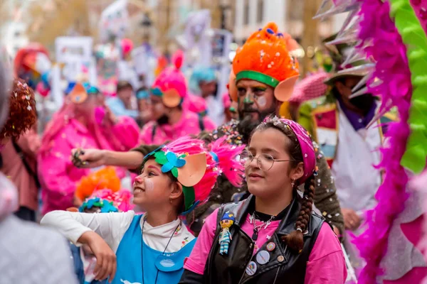 Malaga Spain Feb 2022 People Celebrating Malaga Carnival Costumes Confettis — стоковое фото