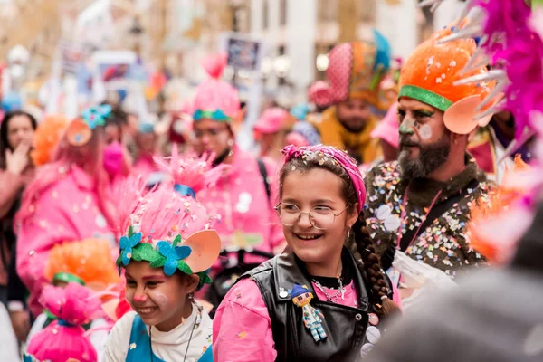 Malaga Spain Feb 2022 People Celebrating Malaga Carnival Costumes Confettis — 图库照片