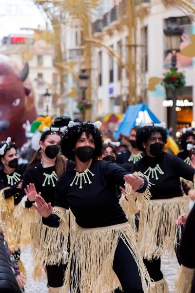 Malaga Spain Feb 2022 People Celebrating Malaga Carnival Costumes Confettis — Zdjęcie stockowe