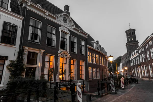 Utrecht Oct 2021 Street View Night Traditional Dutch Buildings Historic — Zdjęcie stockowe
