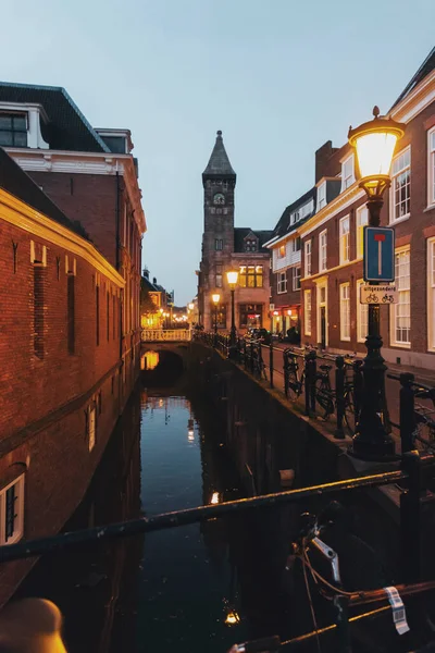 Utrecht Oct 2021 Night Shot Traditional Dutch Buildings Street View — Fotografia de Stock