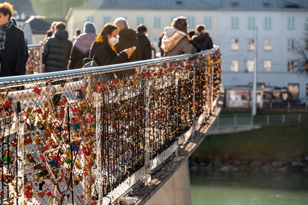 Salzburgo Áustria Dezembro 2021 Ponte Makartsteg Love Locks Bridge Sobre — Fotografia de Stock
