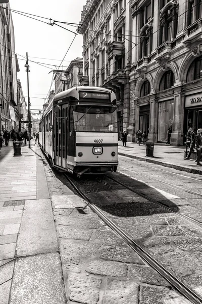 Milan Italy March 2022 Streetcar Lightrail Tram Carrying Passengers City — Fotografia de Stock