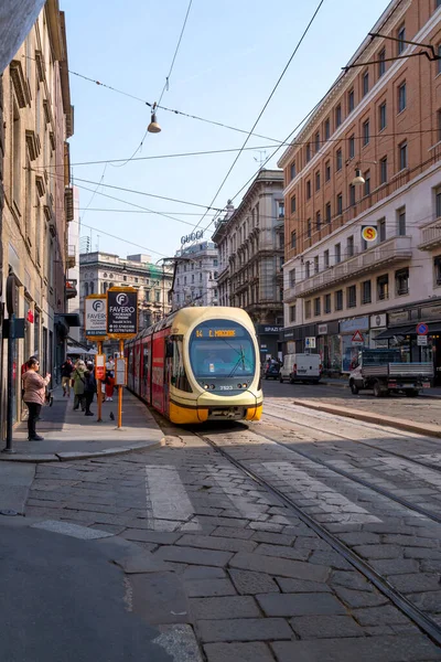 Milan Italy March 2022 Streetcar Lightrail Tram Carrying Passengers City — Zdjęcie stockowe