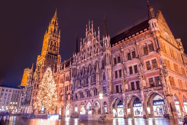 Munich Germany Dec 2021 Night View Marienplatz Illuminated Christmas Lights — Stock Photo, Image