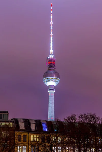 Berlin Television Tower Berliner Fernsehturm Nuit Structure Emblématique 368 Mètres — Photo