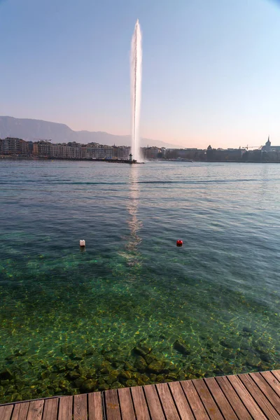 Genève Schweiz Mars 2022 Jet Eau Stor Fontän Genève Schweiz — Stockfoto