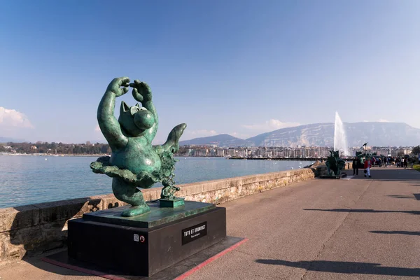 Geneva Switzerland March 2022 Exhibition Sculptures Chat Created Belgian Cartoon — Stock Photo, Image