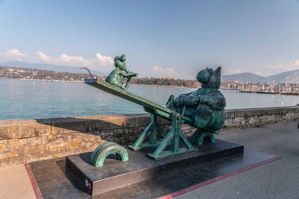 Geneva Switzerland March 2022 Exhibition Sculptures Chat Created Belgian Cartoon — Stock Photo, Image