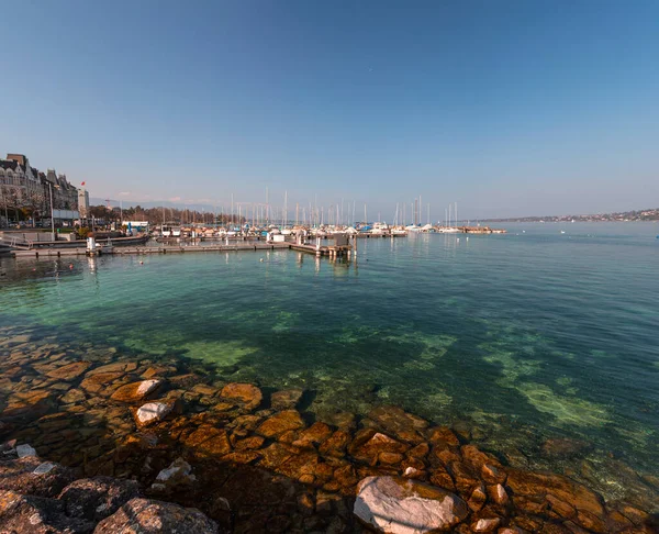 Jenewa Swiss Maret 2022 Pemandangan Dari Danau Jenewa Teluk Jenewa — Stok Foto