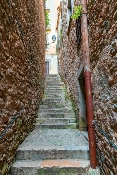 Piękne Ulice Starego Miasta Girona Starożytnymi Budynkami Brukowanymi Schodami Północna — Zdjęcie stockowe