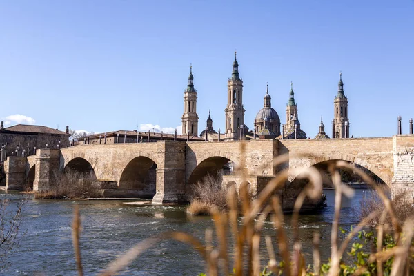 Stone Bridge Puente Piedra Spanish River Ebro Zaragoza Aragon Spain — Stock Photo, Image