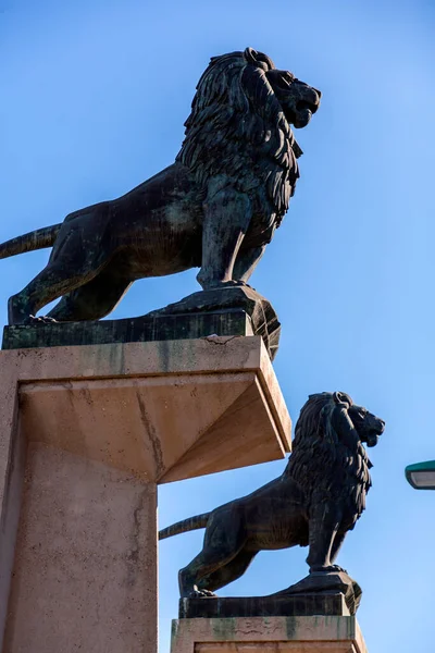 Zaragoza España Febrero 2022 Estatuas León Puente Piedra Español Sobre — Foto de Stock