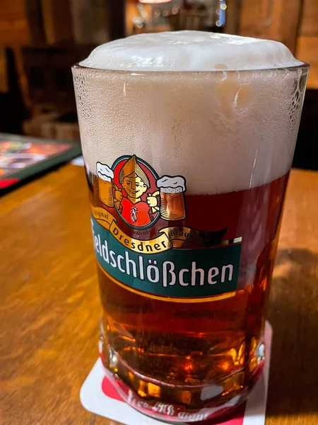 Dresden Germany December 2021 Glass Feldschlosschen Beer Local Beer Prodused — Stock Photo, Image