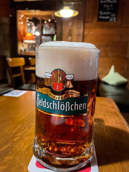 Dresden Germany December 2021 Glass Feldschlosschen Beer Local Beer Prodused — Stock Photo, Image