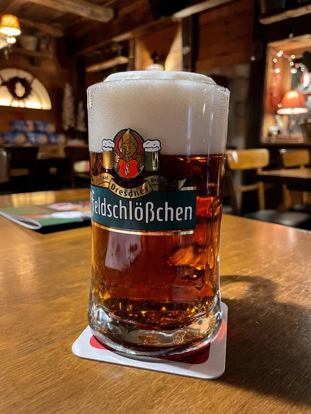 Dresden Germany December 2021 Glass Feldschlosschen Beer Local Beer Prodused — Stock Photo, Image