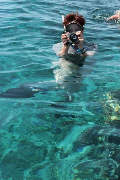 Femme photographe plongeant dans l'eau de la mer Rouge — Photo