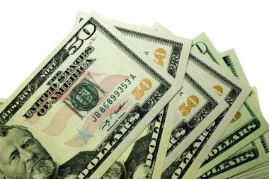 Kağıt dolar ABD beyaz zemin üzerine yığını