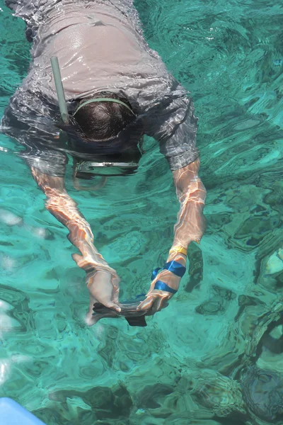 Woman photographer diving into water of Red sea — Zdjęcie stockowe