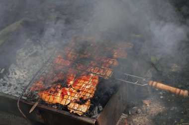 şenlik ateşi ve kömürlerin üzerinde kızarmış Barbekü